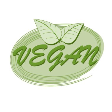 Etiket, yapraklarla süslenmiş yeşil renkli Vegan yazısıyla amblem, beyaz arkaplanda izole edilmiş oval şekil. Sağlıklı yaşam, diyet konsepti