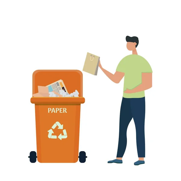 Hombre lindo personaje poniendo basura en la papelera, contenedor o contenedor con residuos de papel. Clasificación y reciclaje, concepto ecológico en estilo de dibujos animados planos, ilustración de vectores de stock. — Archivo Imágenes Vectoriales