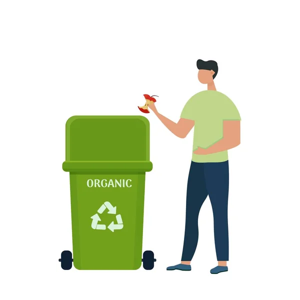 Симпатичный человек, выбрасывающий мусор в зеленый органический мусорный бак. Управление сортировкой и переработкой, экологическая концепция в плоском стиле мультфильмов, векторная иллюстрация запасов. — стоковый вектор