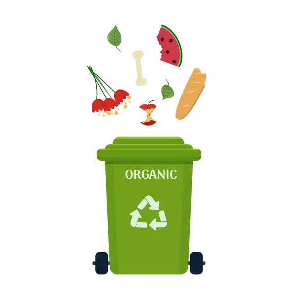 Trash Can Organic Waste Green Colour Isolated White Background Ecology — Stock Vector