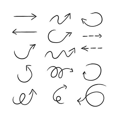 El çizimi biçimdeki siyah okları paketle, yönün karalama işareti, beyaz arkaplan vektör illüstrasyonunda izole edilmiş sembol