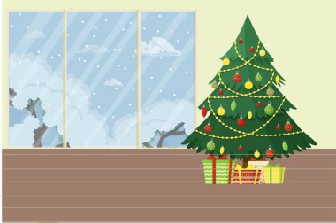 İç dekore edilmiş Noel ağacı ve karlı peyzaj vektör resimli büyük pencereli bir oda. Hiç kimse. Tatil geçmişi. Vektör illüstrasyonu