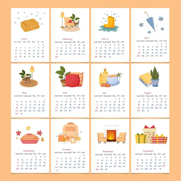 Maandelijkse Kalender Voor 2021 Jaar Versierd Met Hygge Gezellige Composities — Stockvector