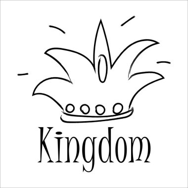 Beyaz arka planda karalama tarzında izole edilmiş metin krallığına sahip lineart taç. Moda, yaratıcı logo, sembol. Vektör illüstrasyonu