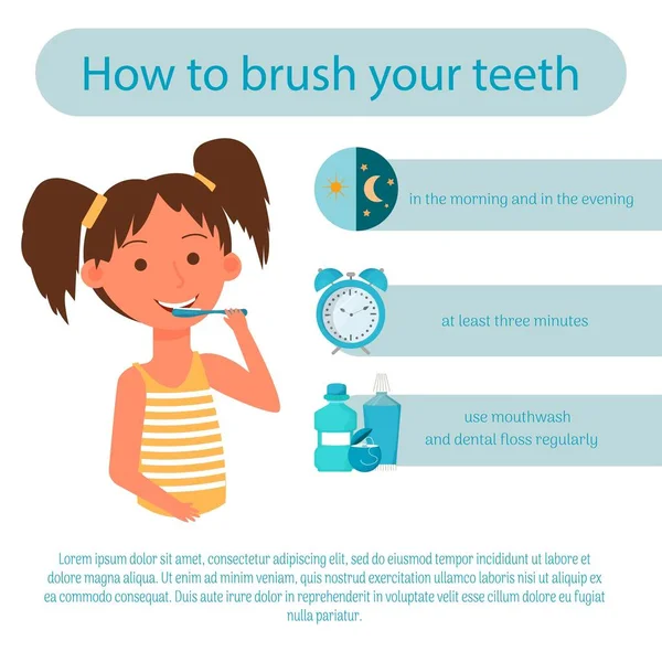 Infografik Affisch Hur Man Borstar Tänderna Med Teckentjej Instruktioner För — Stock vektor