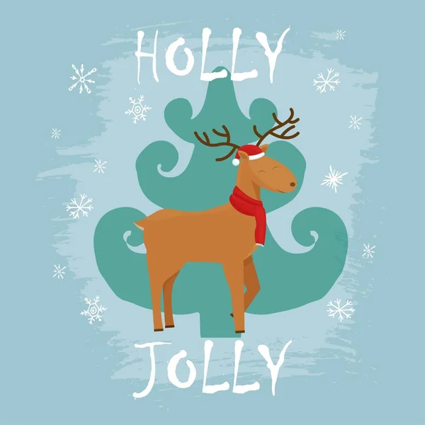 Carte Vœux Noël Avec Sapin Cerf Personnage Texturé Dans Style — Image vectorielle