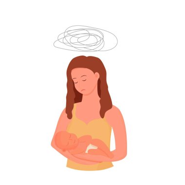 Mutsuz, yorgun bir anne kucağında yeni doğmuş bir bebek tutuyor. Beyaz arka planda izole edilmiş doğum sonrası depresyon konsepti. Ebeveynlik zor, annelik zor.