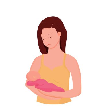 Mutsuz, yorgun bir anne kucağında yeni doğmuş bir bebek tutuyor. Beyaz arka planda izole edilmiş doğum sonrası depresyon konsepti. Ebeveynlik zor, annelik zor.