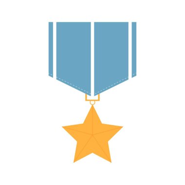 Mavi kurdeleli altın yıldız madalyası. Metalik kazanan ödülü beyaz arkaplanda izole edildi