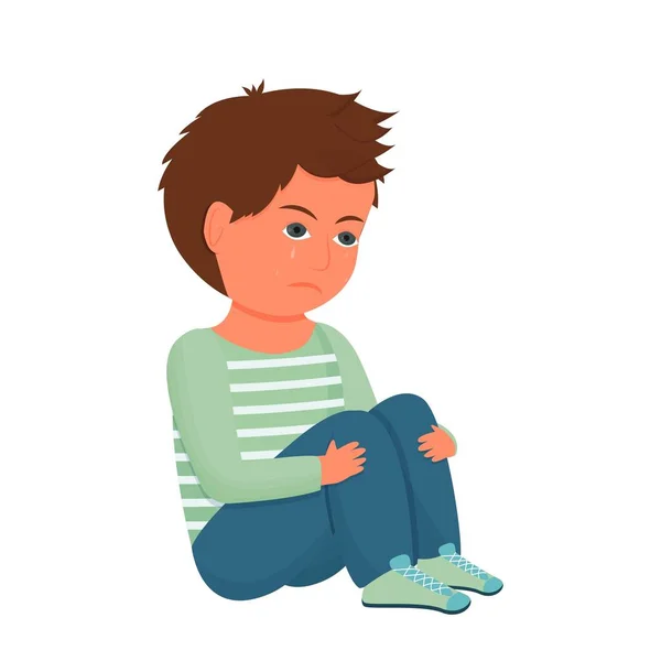 悲しい、落ち込んでいる子供、子供一人で座っている。感情的なポーズ、顔。心理学の問題白い背景に隔離されたストレス概念. — ストックベクタ