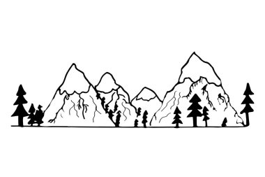 Çizgili el çizimi, beyaz arka planda izole edilmiş dağ manzarası. Resim, siyah, mürekkep rengi.. 
