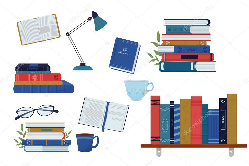 Set, collection stack of books, bookshelf, in different views open and closed, glasses, table lamp and cup with drink isolated on white background in cartoon style.