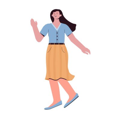 Kadın el sallıyor, gülümsüyor, tüm vücuduyla. Beyaz arka planda izole edilmiş şık bir karakter. El hareketi yap. Moda kıyafetleri..