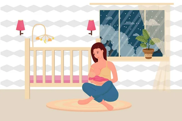 Een vrouw die haar baby borstvoeding geeft terwijl ze haar handen vasthoudt in de kinderkamer. Kind drinkt melk uit de vrouwelijke borst. Welterusten — Stockvector