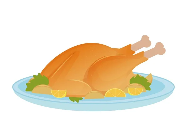 Ilustrace pečeného krocana nebo grilovaného kuřete izolovaného na pozadí. Tradiční jídlo na Vánoce nebo Den díkůvzdání — Stockový vektor