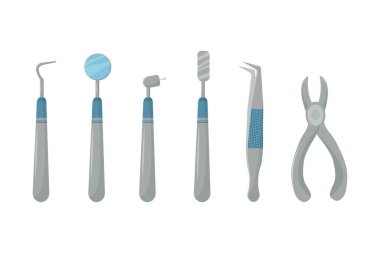 Diş aletleri, ekipmanlar, profesyonel tıbbi aletler. Stomatoloji, ortodontik konsept. Tasarım elemanları, beyaz arkaplanda izole edilmiş nesneler. Vektör illüstrasyonu