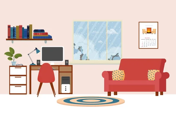 スタイリッシュな家庭のインテリアリビングルーム ソファ付きの職場 コンピュータ付きの机 居心地の良い空の部屋 — ストックベクタ