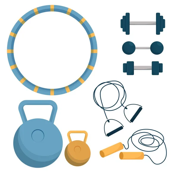 Set Equipment Training Workout Hula Hoop Expander Dumbbell Isolated White — Stock Vector