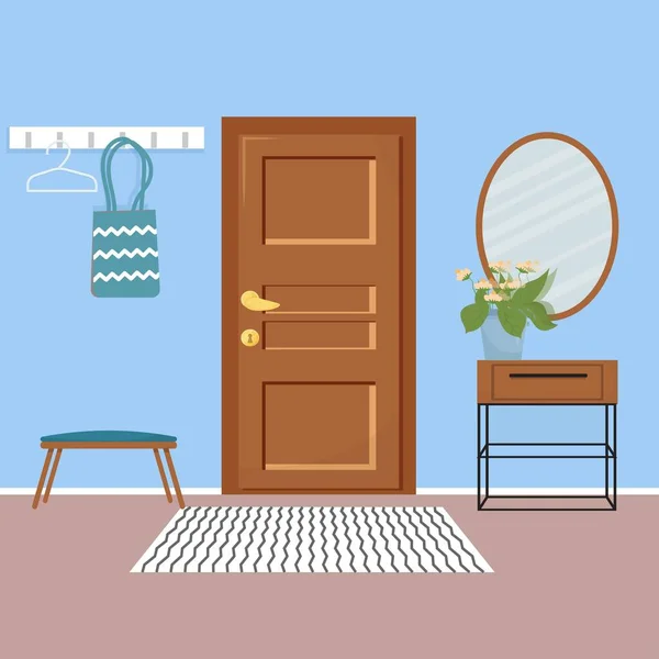 Ev koridorunun içi, düz çizgi film tarzı mobilyalarla dolu. Evin giriş şablonu. Kapı, ayna, minimalist tarzda beyaz mobilyalar.