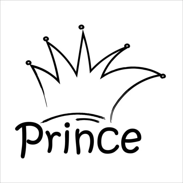 Text Prince och krona i klotter stil, kontur objekt isolerad på vit bakgrund. Logotyp, tryck, kreativ och modern kunglig symbol. — Stock vektor