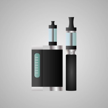 Vaporizör seti, Buharlaştırıcı beyaz arkaplanda düz bir şekilde siyah renkte izole edildi. Taşınabilir kişisel e-sigara.