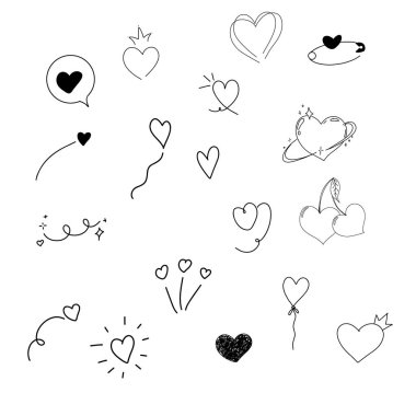 Kalp set karalama el çizim seti. Hoş basit elementler, Japon tarzı, eskiz dekorasyonları. Kalem çizimi kıvılcım kıvrımlı kenar, dekor. Vektör illüstrasyonu