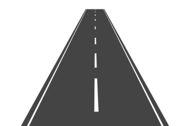 Asfalt kaplı düz yol perspektifi caddesi. Otoyol. Işınlanma yolu. Kesik çizgiler, beyaz işaretler. Ufka giden yol. Vektör illüstrasyonu