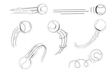 Zıplayan top tenisi manga efekti, karalama çizgisi top zıplama yörüngesi, top hareketi ifadesi. Robot resim hareketi. Vektör illüstrasyonu