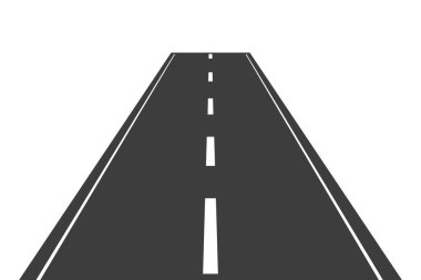 Asfalt kaplı düz yol perspektifi caddesi. Otoyol. Işınlanma yolu. Kesik çizgiler, beyaz işaretler. Ufka giden yol. Vektör illüstrasyonu