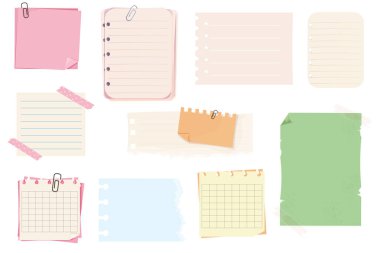Notları, not sayfalarını ataç ve yapıştırıcı bantla ayarla. Yapışkan hatırlatıcı kuru sıkı, çarşaf, çıkartmalar. Kontrol listesi yırtılmış kenar kağıt. Vektör illüstrasyonu