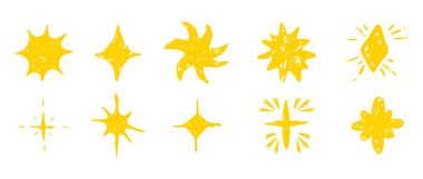 Yıldız set pastel kalem el karalama çizimi veya karalama tasarım elementi. Kalıplı, pırıl pırıl okul karalaması. Pastel boya, göz kırp, havai fişek, parlak siluet ve parıldayan semboller.