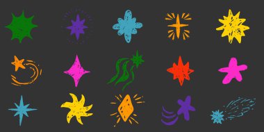 Yıldız pastel boya kalemi çizim çizimi veya karalama tasarım elementi. Kalıplı, pırıl pırıl okul karalaması. Pastel boya, göz kırpma, havai fişek, sim silueti ve parıldayan semboller. Vektör