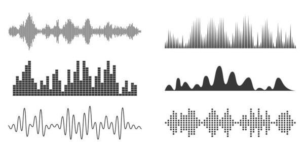 Sound radio wave set grayscale set icon, voice message podcast audio recording set. Music waveform pulse, equalizer rhythm symbol. Record level vibration. Vector illustration
