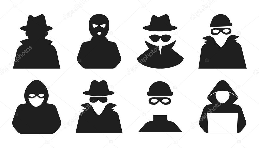Incognito set anonymous bandit character silhouette icons, hacker or scammer with hidden face, hat, villain. Thief, criminal, robber simple sign. . Vector illustration