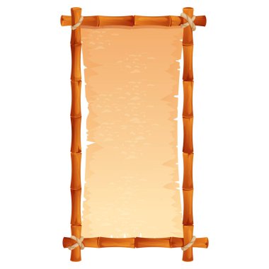 Bamboo frame with empty parchment with rope. Themed projects game ui border, menu. Old paper textured, bamboo border. Vector illustration