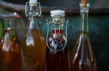 Kombucha farklı aromalı ikinci fermente meyve çayı. Sağlıklı probiyotik aromalı içecek.