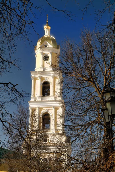 The bell tower of the monastery (Diveevo, Russia) and the branches of trees against the blue sky