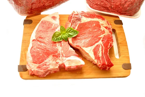 Close Two Beef Steaks Fresh Basil — Stock Photo, Image