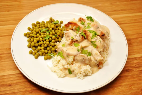 Porc Avec Sauce Crème Sur Riz Blanc Une Assiette Petits — Photo