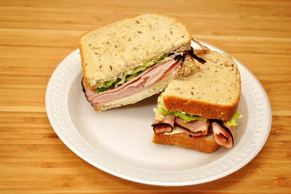 Healthy Ham Sandwich Rye Bread Cut Half — Stock Photo, Image