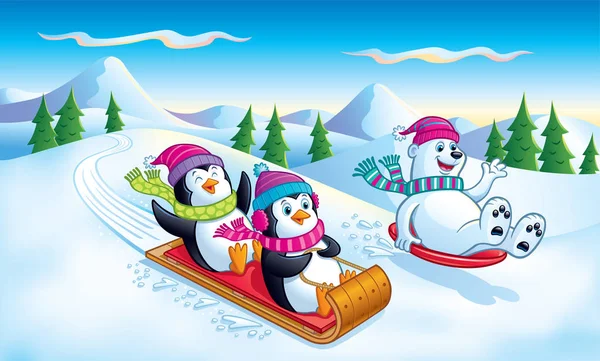 Penguenler ve kutup ayısı bir karlı tepeden aşağı kızakla