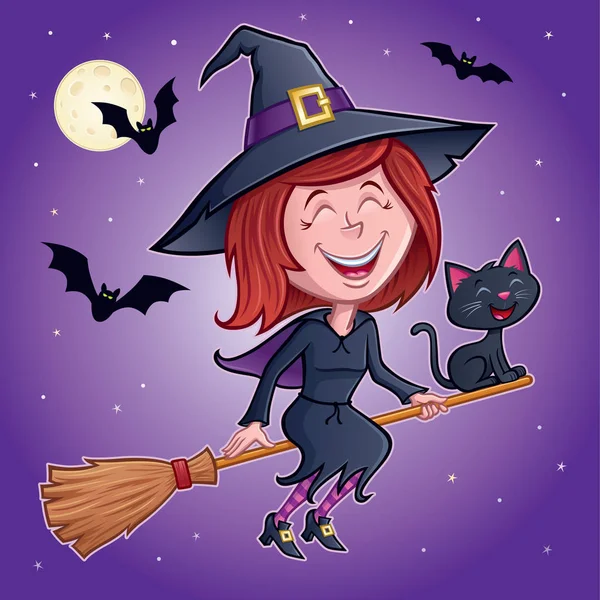 Laughing Witch Riding Her Broomstick Her Cat — Stock Photo, Image