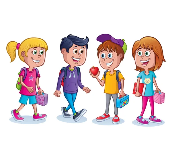 Cartoon Four Kid Two Girls Two Boys Ready School Backpacks — Stock Photo, Image