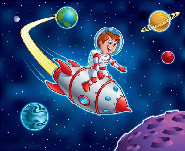Kind auf Raketenschiff im Weltraum — Stockfoto