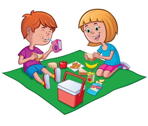 İki çocuk piknik öğle yemeği zevk — Stok fotoğraf