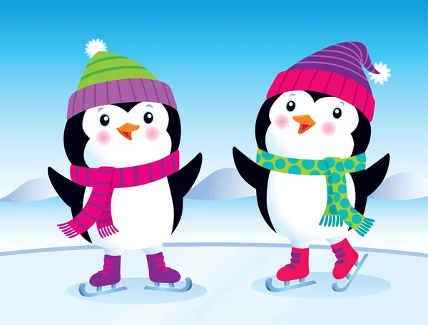 Cute Baby Penguins On Ice Skates — Stock Photo, Image