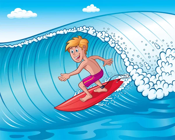 Izgatott Teenage Boy szörfözés egy hullám — Stock Fotó