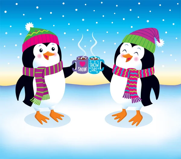 Two Penguins Toasting with Mugs of Hot Cocoa — Stock Photo, Image