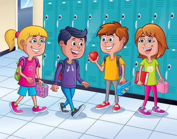 Kids Standing By School Lockers In Hallway — Stock Photo, Image