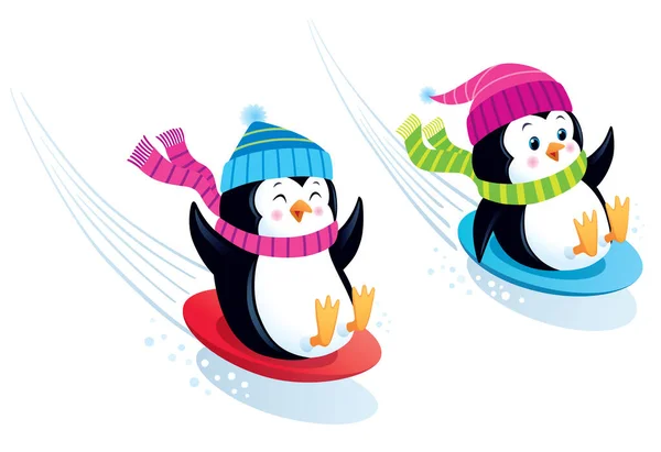 Cartoon Two Happy Cute Penguin Characters Snow Sledding Downhill Saucer — Stock Photo, Image